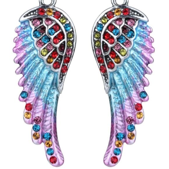 Silver with Multicolored Crystal Angel Wing Dangle Drop French Hook Earrings - Picture 2 of 4